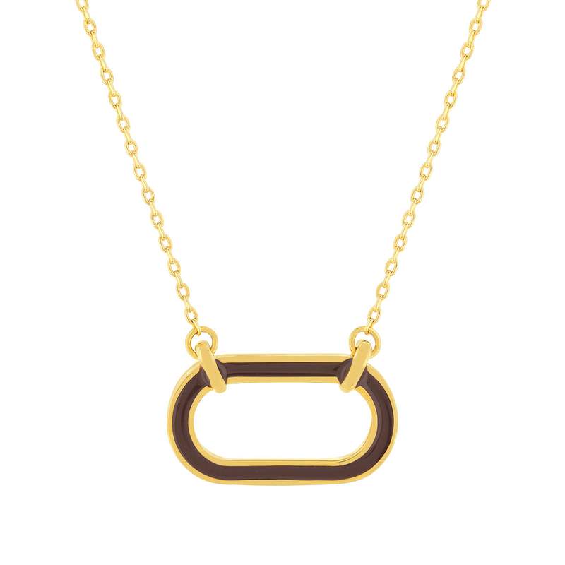 Collier plaqué or motif ovale laque marron 45cm - vue 1