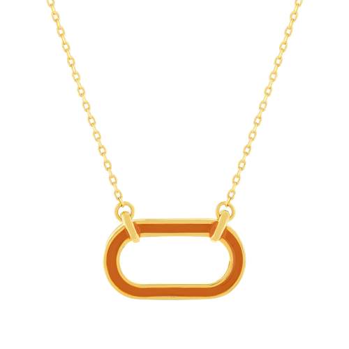 Collier plaqué or motif ovale laque orange 45cm.