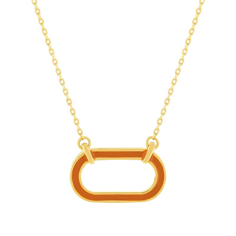 Collier plaqué or motif ovale laque orange 45cm. - vue 1