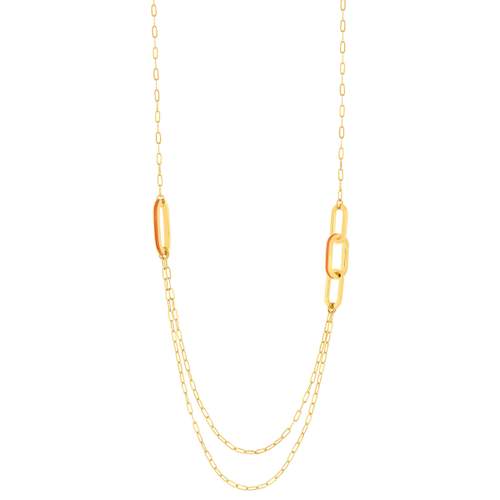 Collier plaqué or anneaux laque orange 70cm