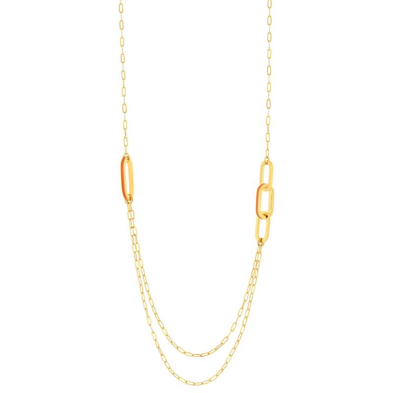 Collier plaqué or anneaux laque orange 70cm - vue 1
