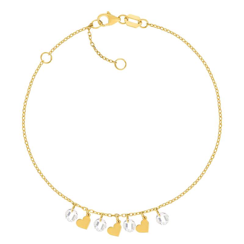 24K Yellow Gold Bracelet with Heart Charms and Zirconia, 20.5 cm - View 1