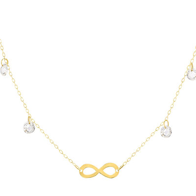Collier or 375 jaune motif infini et pampilles zirconias 45cm