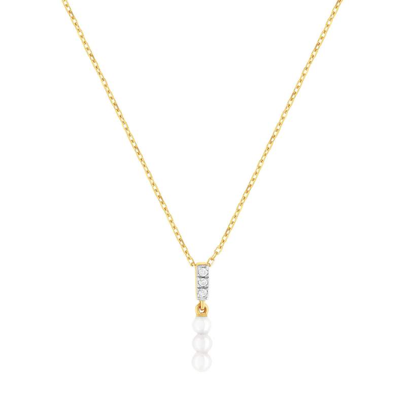 Collier or 375 2 tons perles de culture de Chine et diamants 45 cm avec anneau de raccourcissement à 42 cm - vue 1