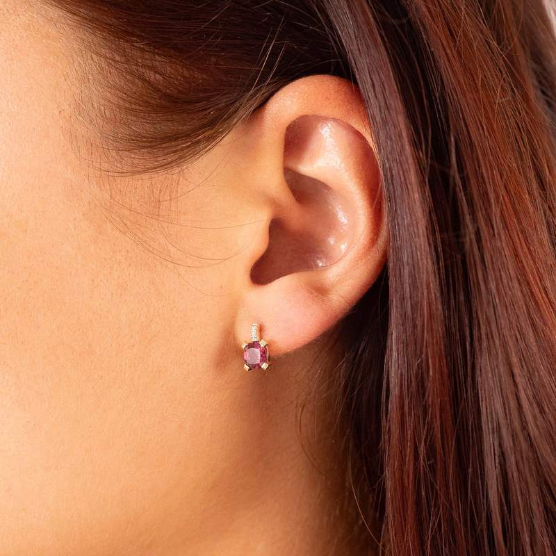 Earrings, gold 375 2 tone rhodolite garnets and diamonds - view worn 1