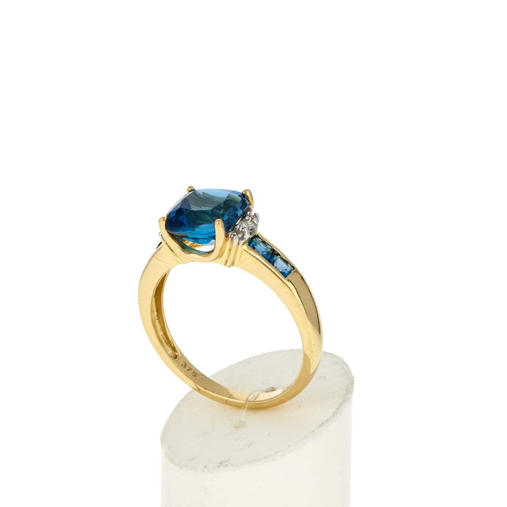 Bague or 375 2 tons topazes bleues traitées et diamants - vue 3