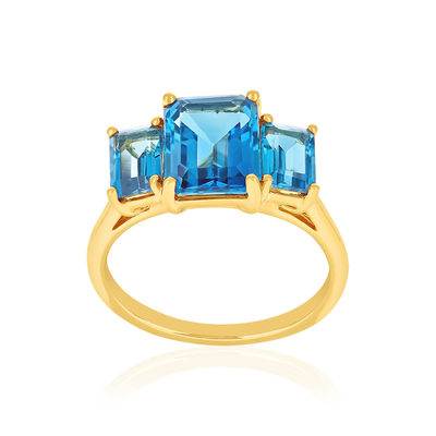 375 yellow gold ring with square-cut, treated blue topaz stones