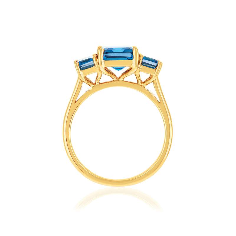 Bague or 375 jaune topazes bleues traitées carrées - vue 2