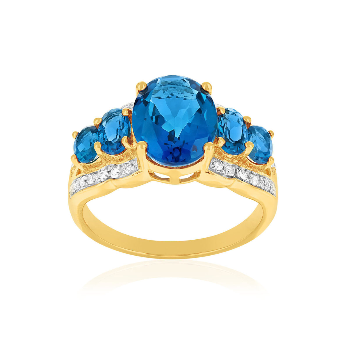 Bague or 375 jaune topazes bleues traitées ovales et diamants