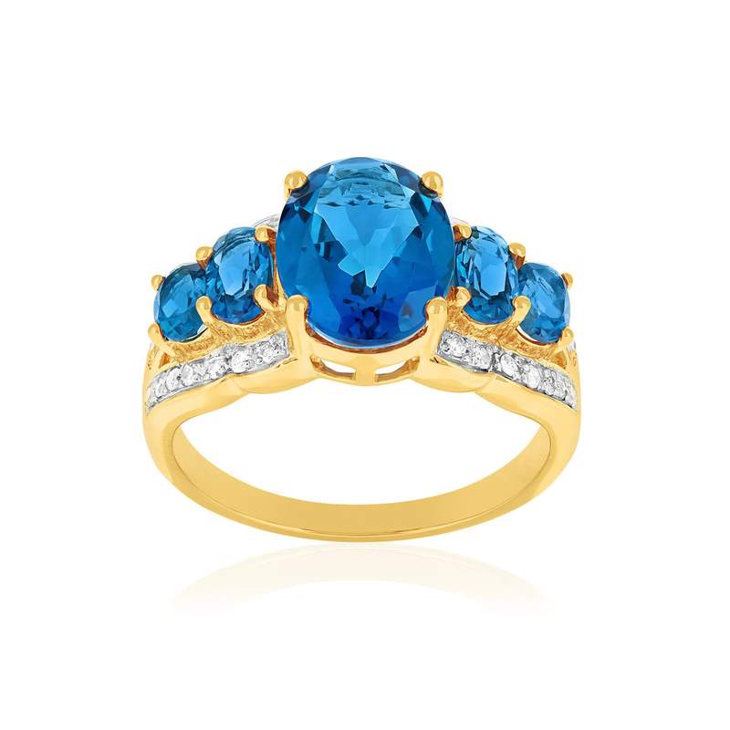 Bague or 375 jaune topazes bleues traitées ovales et diamants - vue 1