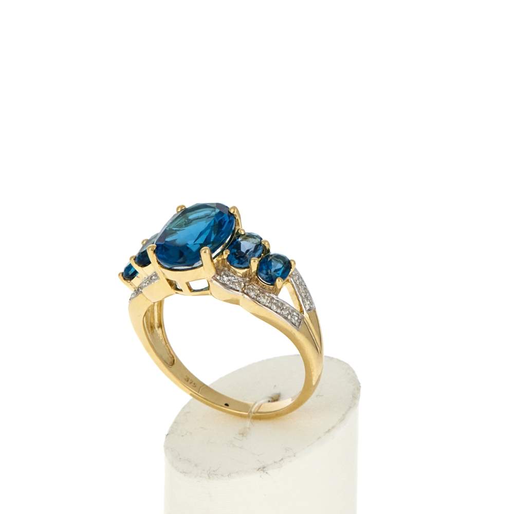 Bague or 375 jaune topazes bleues traitées ovales et diamants - vue 3