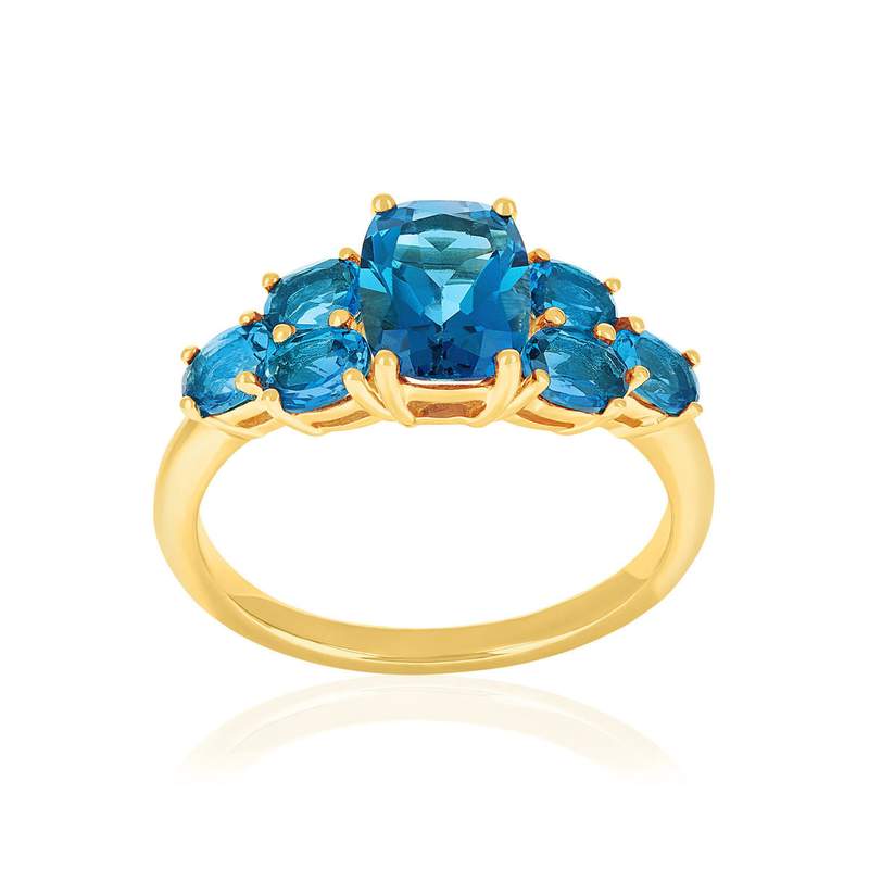 Ring van 375 geelgoud met ovale, behandelde blauwe topaasstenen - afbeelding 1