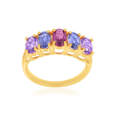 Bague or 375 jaune grenat, iolites et améthystes - vue 1