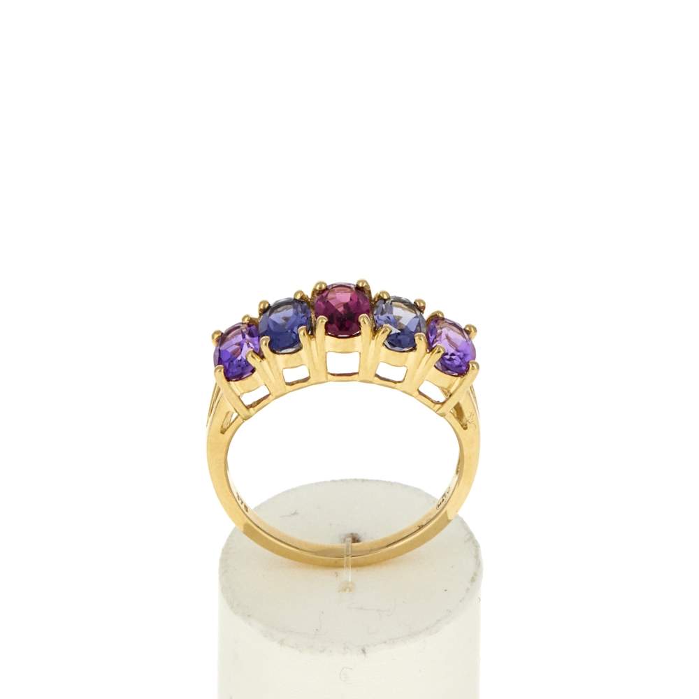 Bague or 375 jaune grenat, iolites et améthystes - vue 1