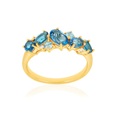 Bague or 375 jaune topazes bleues traitées ovales et diamants - vue 1