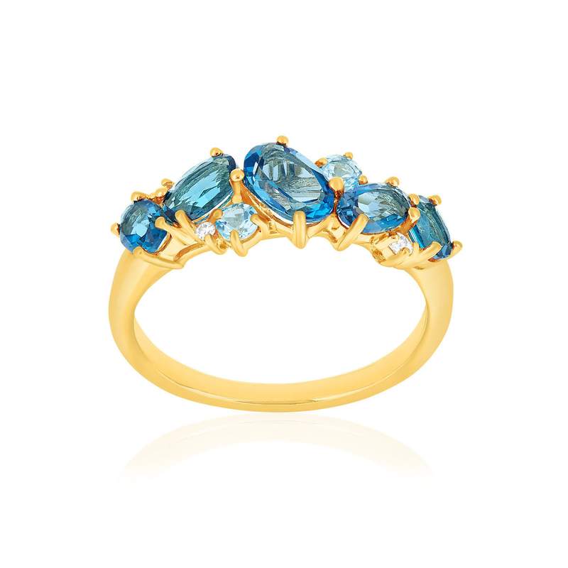 375 yellow gold ring with oval-shaped treated blue topaz stones and diamonds - view 1