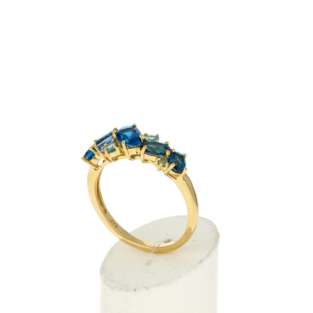 Gold ring 375 yellow oval blue topazes and diamonds - view 3