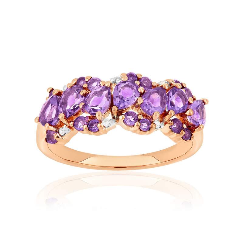 Bague or 375 rose améthystes et diamants - vue 1