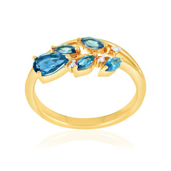 Ring van 375 geelgoud met diamanten en behandelde blauwe topaas