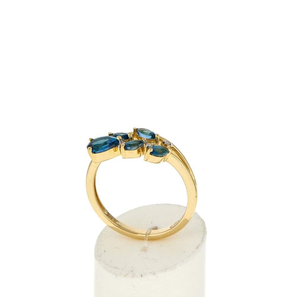 Bague or 375 jaune diamants et topazes bleues traitées - vue 2