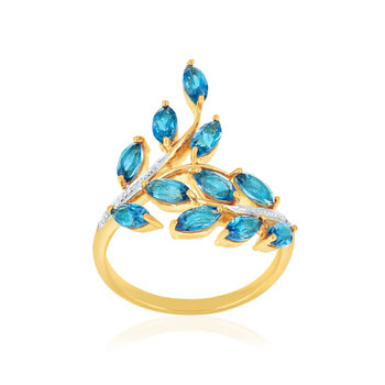 Bague or 375 jaune diamants et topazes bleues traitées