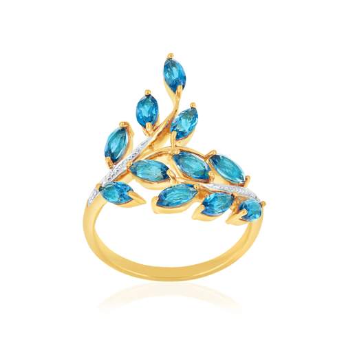 Bague or 375 jaune diamants et topazes bleues traitées