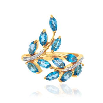 Bague or 375 jaune diamants et topazes bleues traitées