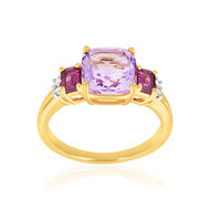 Bague or 375 jaune diamants, améthyste et grenats rhodolites