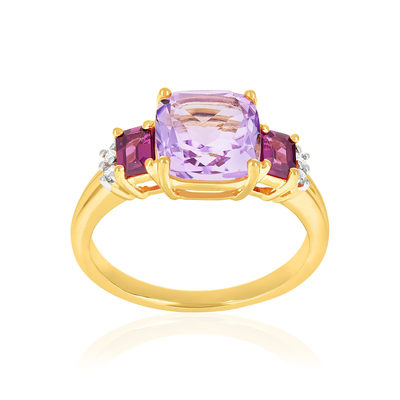 Bague or 375 jaune diamants, améthyste et grenats rhodolites - vue 1