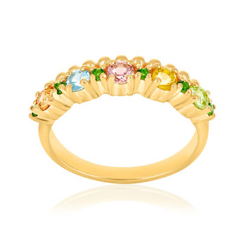 Bague or 375 jaune péridots, citrine, tourmaline, topaze bleue traitée, saphir et pierres naturelles vertes