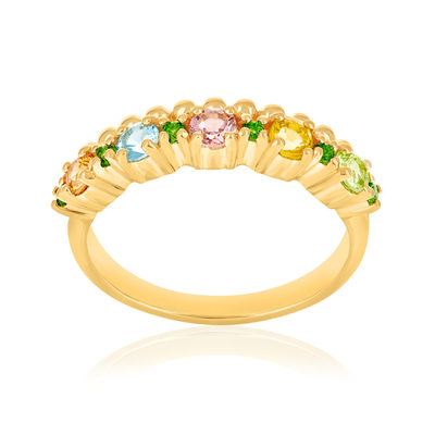 Ring van 375 geelgoud met peridots, citrien, toermalijn, behandelde blauwe topaas, saffier en groene natuurstenen