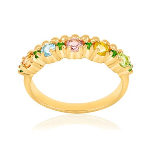 Bague or 375 jaune péridots, citrine, tourmaline, topaze bleue traitée, saphir et pierres naturelles vertes