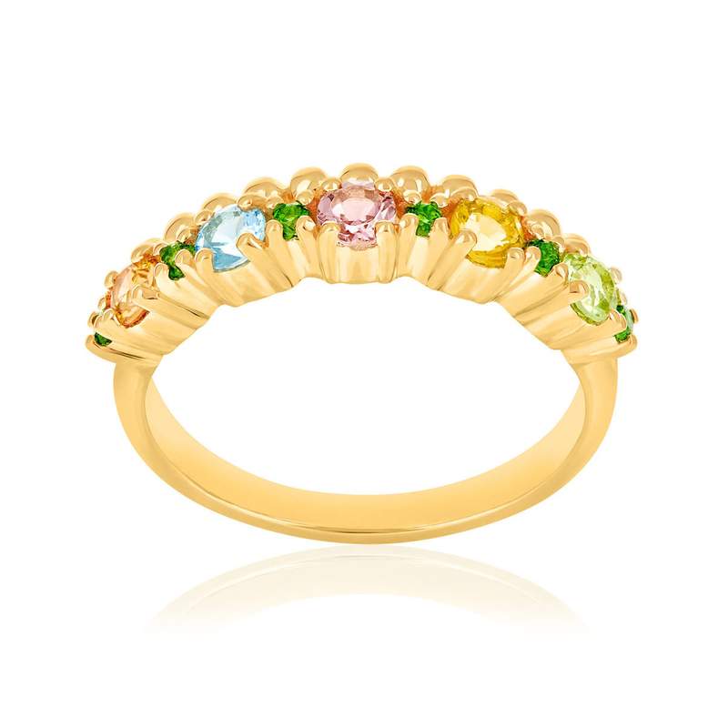 Bague or 375 jaune péridots, citrine, tourmaline, topaze bleue traitée, saphir et pierres naturelles vertes - vue 1