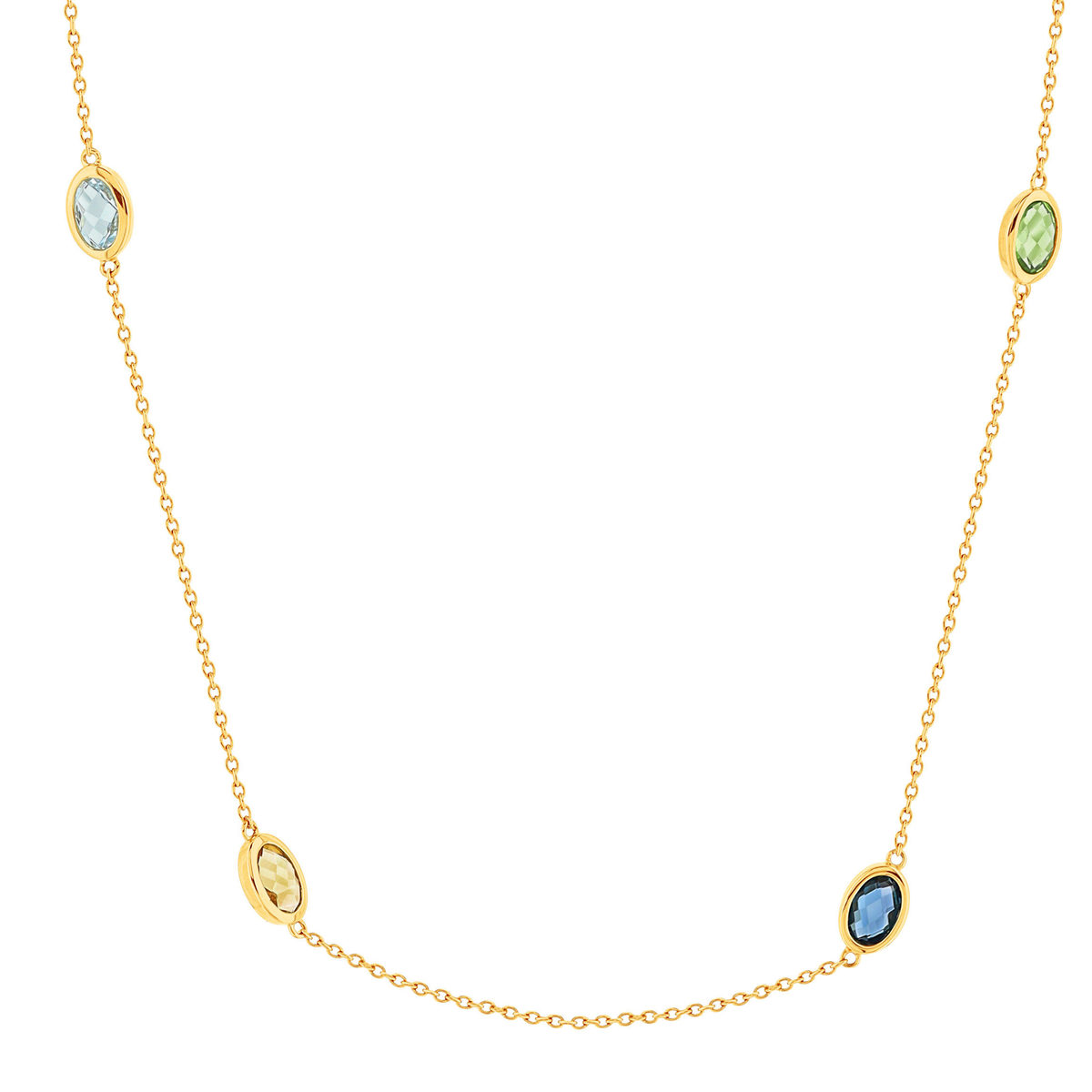 375 yellow gold necklace with amethysts, citrine, treated topaz, peridot, and garnet, 60 cm