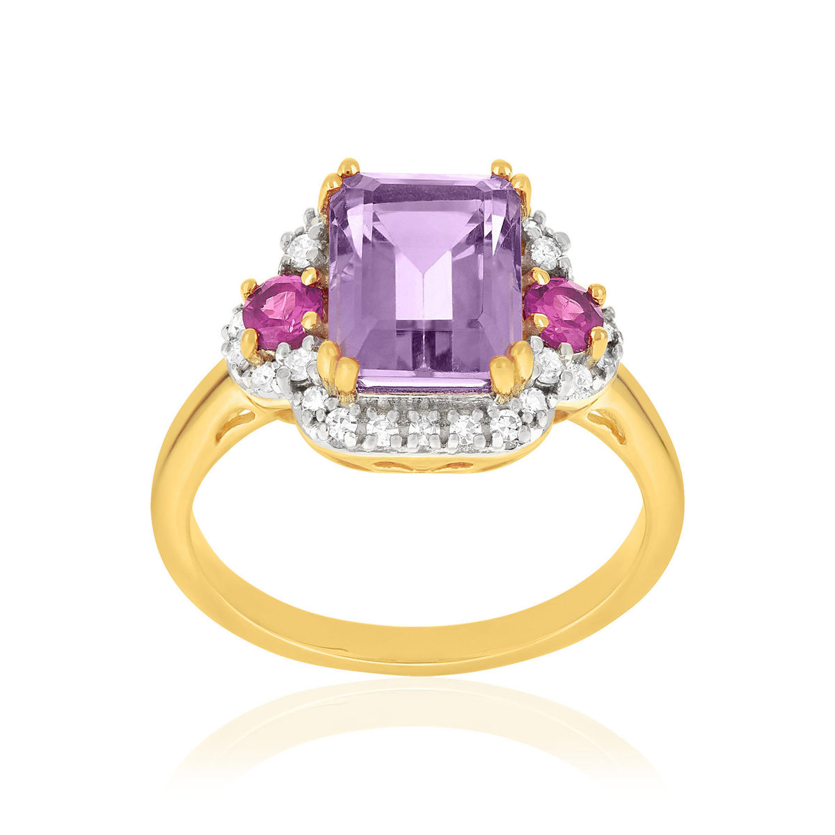 Bague or 375 jaune diamants, améthyste et grenats rhodolites