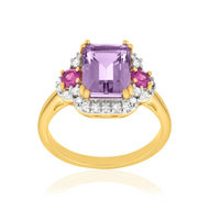 Bague or 375 jaune diamants, améthyste et grenats rhodolites