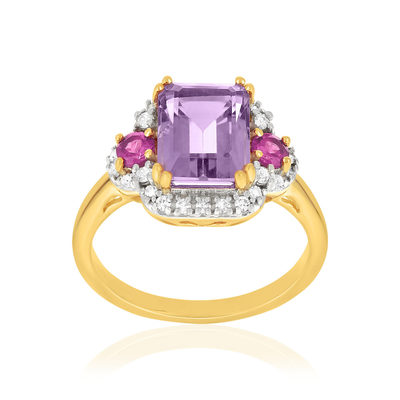 Ring van 375 geelgoud met diamanten, amethist en rhodolietgranaten - afbeelding 1
