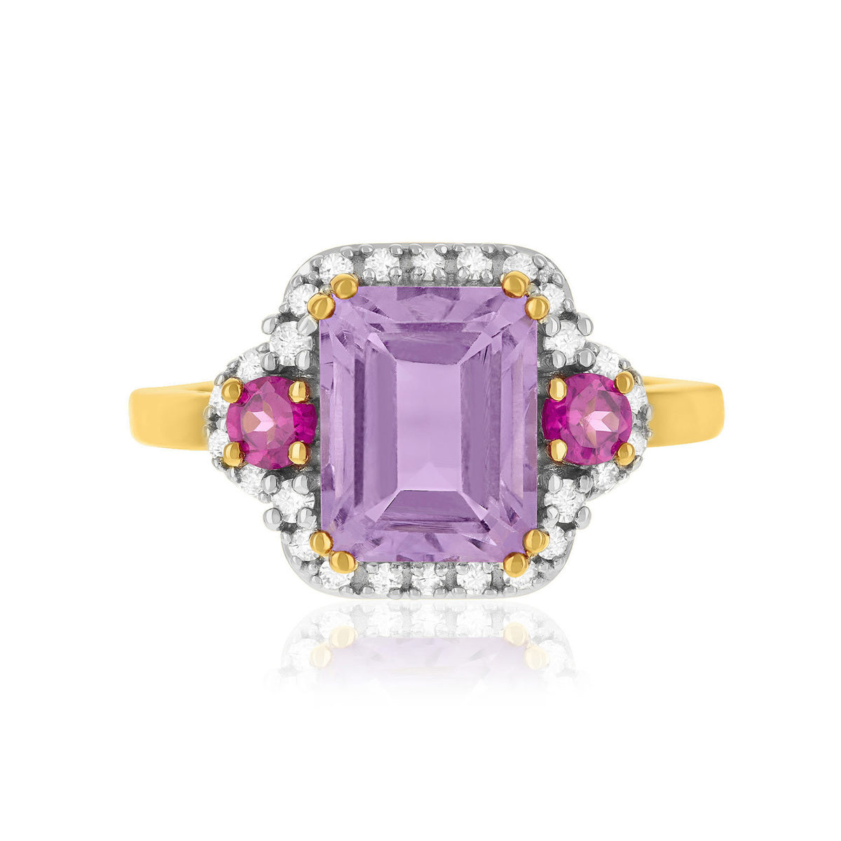 Bague or 375 jaune diamants, améthyste et grenats rhodolites - vue 3