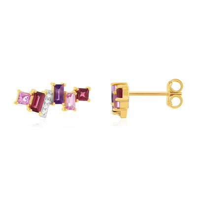 Boucles d'oreilles or 375 jaune diamants, grenats rhodolites, saphirs et améthystes - vue 1