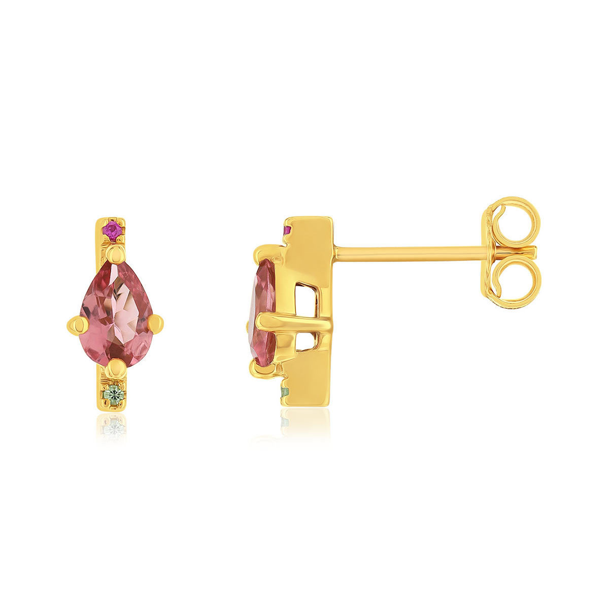 Boucles d'oreilles or 375 jaune tourmaline rose, grenat vert et rubis