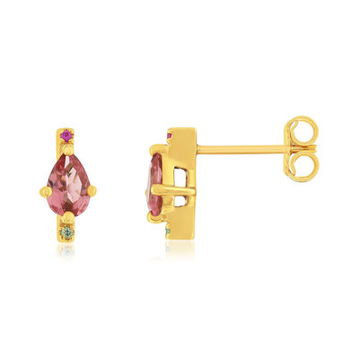 Boucles d'oreilles or 375 jaune tourmaline rose, grenat vert et rubis - vue 1