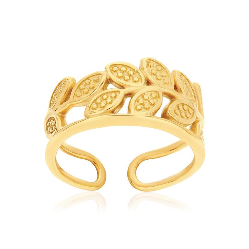 Bague acier doré ouverte feuilles - vue 1