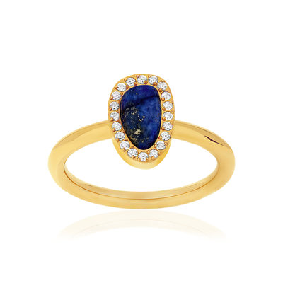 Bague acier doré lapis lazuli et zirconias - vue 1