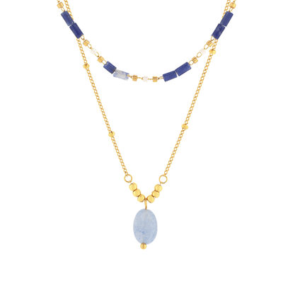 Collier acier doré 2 rangs aventurines bleues 47 cm