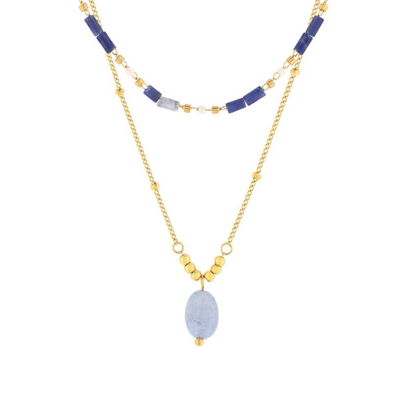 Collier acier doré 2 rangs aventurines bleues 47 cm - vue 1
