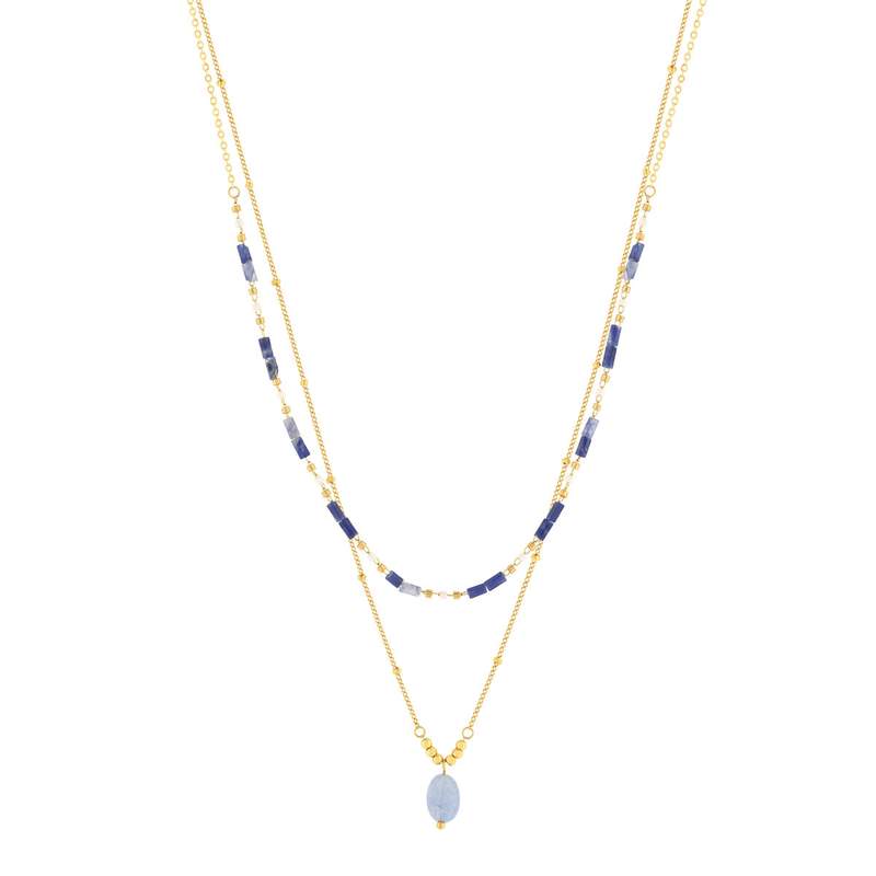 Collier acier doré 2 rangs aventurines bleues 47 cm - vue 2