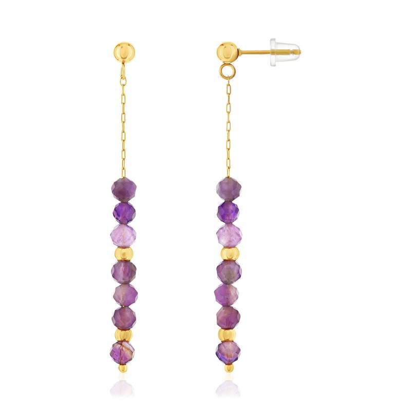 Boucles d'oreilles acier doré pendantes améthystes - vue 1