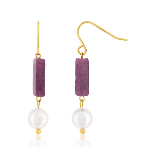 Boucles d'oreilles acier doré améthystes et 2 perles d'imitation