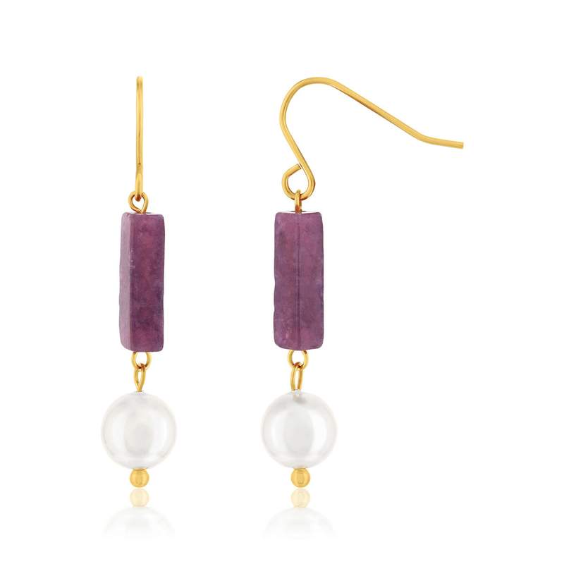 Boucles d'oreilles acier doré améthystes et 2 perles d'imitation - vue 1