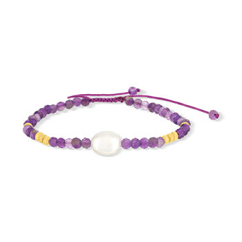 Bracelet cordon coton violet améthystes et perle culture de Chine
